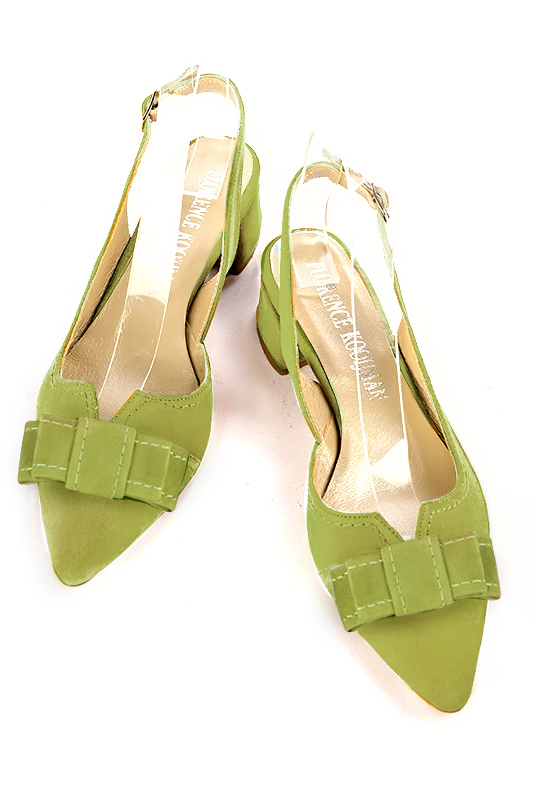 Pistachio green women's open back shoes, with a knot. Tapered toe. Low flare heels. Top view - Florence KOOIJMAN